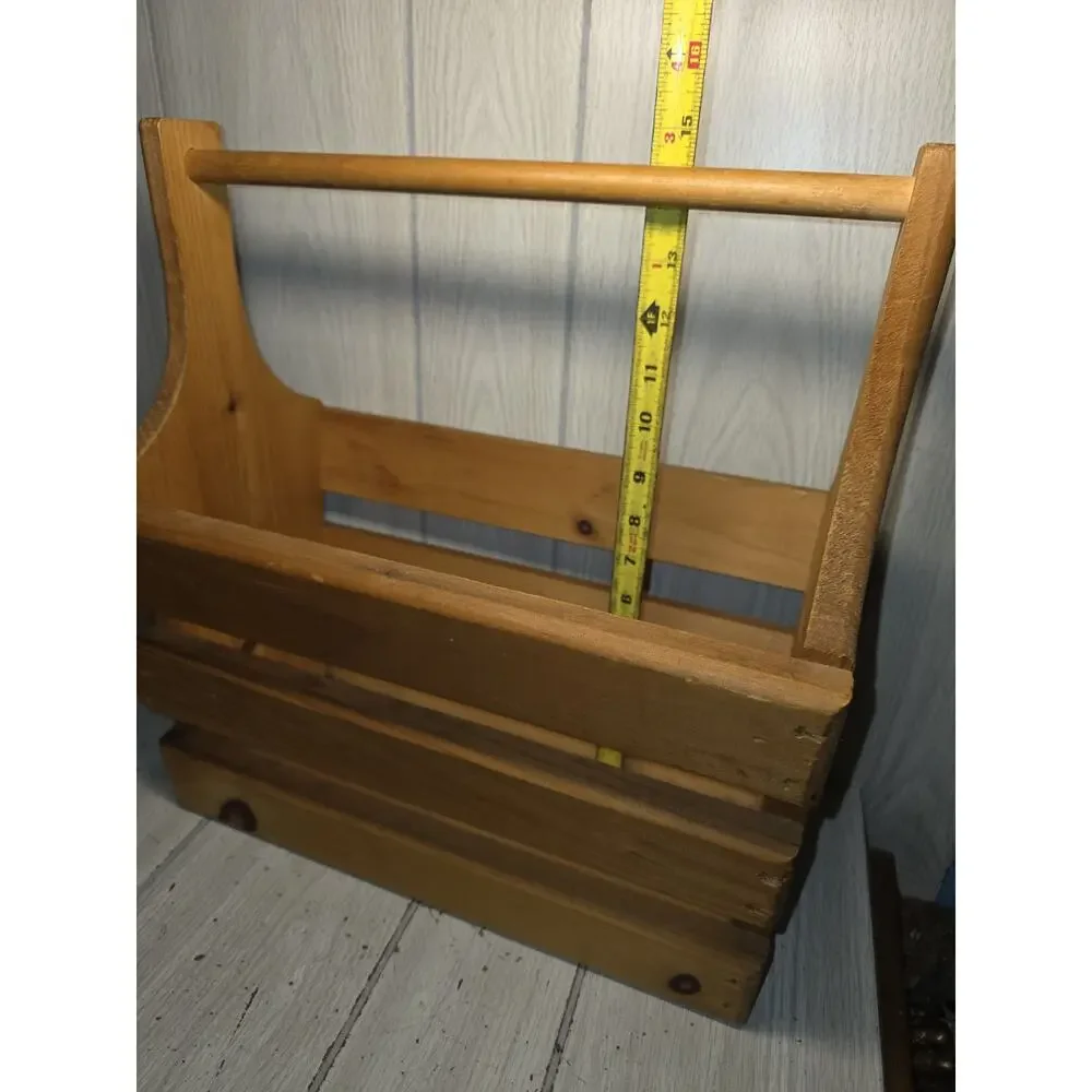 Vintage Handmade Wooden Slat Storage Basket Caddy With Handle Farmhouse Country